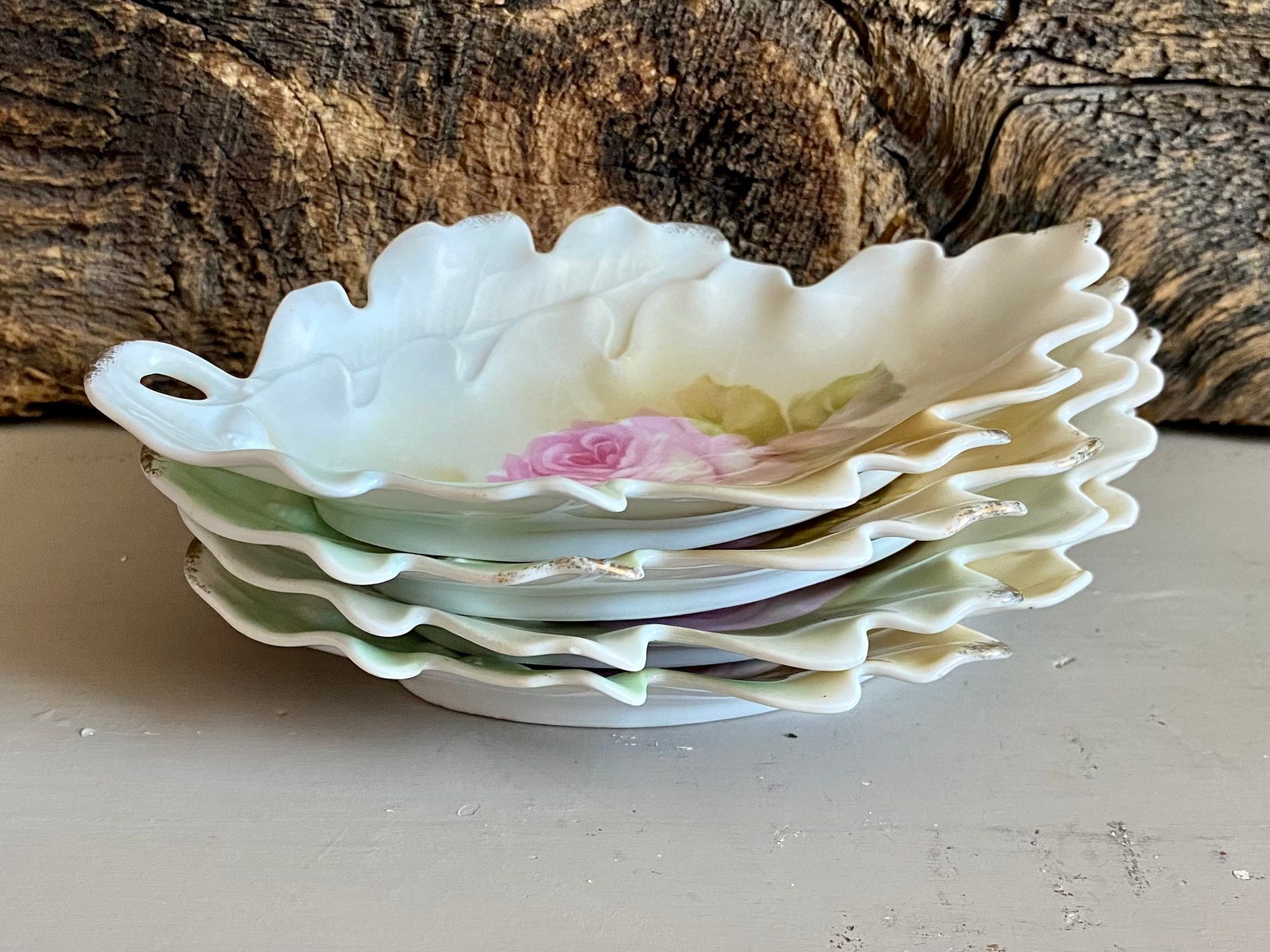 Antique Set of 4 Leaf Shaped Plates R S Germany Pink Rose Etsy