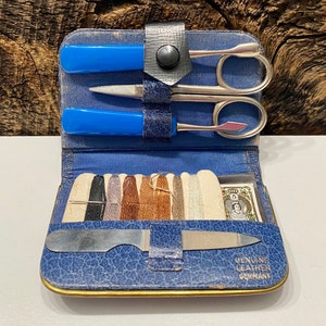 Vintage Nail & Sewing Kit, Blue Leather Case on Nail/Sewing Kit, Colored Threads, Four Different Types of Tools, Made in Germany