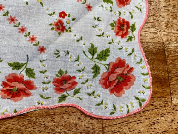 Vintage Pink Floral Handkerchief, White, Green, a… - image 3