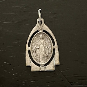 Vintage Alter Miraculous Mary Religious Medal, Open Cut Silver over Bronze Charm, Virgin Mary Pendant, Mother of Jesus, Stamped Italy