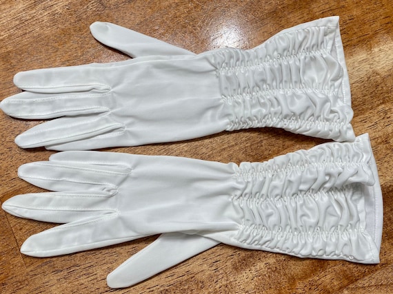 Vintage Shalimar White Gloves, Ruched Gloves, Nyl… - image 1