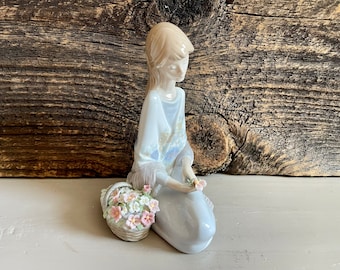Vintage Lladro Spain Porcelain &quot;Flower Song&quot;, Lladro #7607 Figurine, Girl Sitting with Flower Basket, Porcelain Girl, Vintage 1988 Lladro