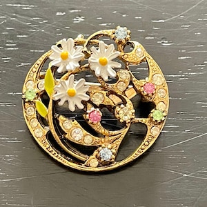 Vintage Floral Brooch, Multi-Colored Rhinestone and Gold Metal Brooch, Art Brooch, Colorful Brooch, Vintage Rhinestone Brooch