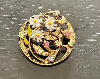 Vintage Floral Brooch: Rhinestone & Enamel Flowers, Gold Tone Metal