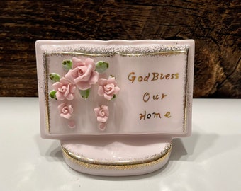 Vintage Lefton Book Planter: Pink Roses, Gold Gilt, Religious Decor