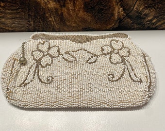 Vintage White Beaded Floral Purse - 1960s Evening Bag