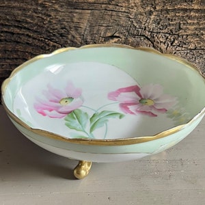 Vintage Imperial Austria Trinket Dish, Footed Trinket Dish, Vanity Dish, Floral Dish, Gold Trim Dish, Vintage Vanity Dish, Keepsake Dish