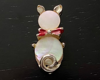 Vintage Mother of Pearl Cat Brooch: Red Bow Scarf Pin
