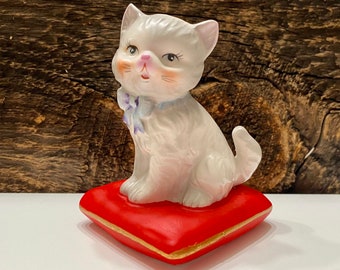 Vintage Porcelain Cat Figurine, Vintage Cat on Red Pillow, Vintage Cat Figure, Vintage Cat Statue, Cat Lovers Gift, Pretty Kitty, Grey Cat