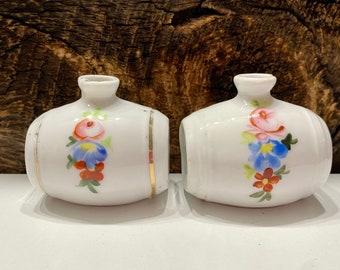 Vintage Mini Porcelain Vase Set: Floral Barrel Vases with Gold Trim