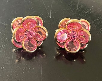 Vintage Pink Glass Flower Clip On Earrings, Gold Tone