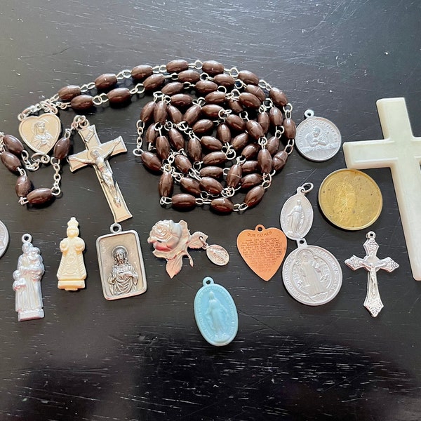 Religious Medals Lot, 18 Assorted Religious Aluminum Medals, Jesus on Cross, St Benedict, Miraculous Mary, Scared Heart, Infant of Prague