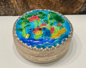 Vintage Enamel Trinket Box: Birds & Plants, Silver Metal Base