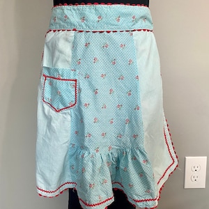 Vintage Apron, Light Blue Apron, Blue and Red Apron, Blue Apron with Red Floral Details, Apron with Pocket