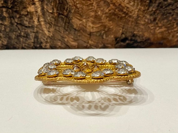 Vintage Gold Floral Brooch, Gold and Clear Rhines… - image 4