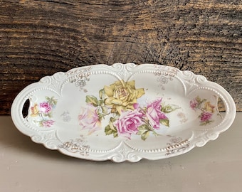 Vintage Floral Porcelain Vanity Dish: Oval Nut Bowl Decor
