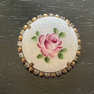 Vintage Guilloche Rose Brooch: White Enamel Rhinestone Floral Pin