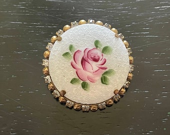 Vintage Guilloche Rose Brooch: White Enamel Rhinestone Floral Pin