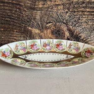 Vintage Porcelain Vanity Dish: Courting Couple Scene, Gold Trim