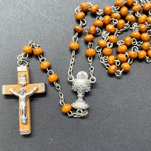 Vintage Brown Wood Bead Rosary, Eucharist Cup Centerpiece, Wood Cross with Metal End Caps, Old Wood Rosary, Wood Prayer Beads