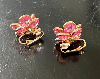 Boucles D'oreilles Clips Vintage - Fleur Rose En Verre & Céramique Doré - Occasion