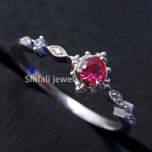 Sterling Silver Red Heart Lab Ruby Ring: Dainty Ring