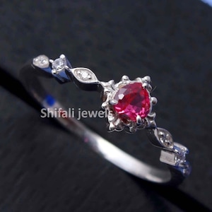 Sterling Silver Red Heart Lab Ruby Ring: Dainty Stacking Ring