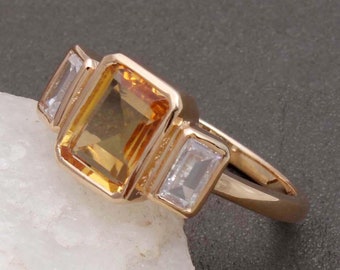 Natural Citrine  & cubic zirconia Ring For Women/ Dual Stone Ring / Solitaire ring /Citrine Jewelry / Gift for her / Handmade jewellery .