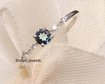 London Blue Topaz Ring: Sterling Silver Dainty Band, December Birthstone