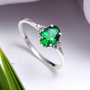 Oval Lab Emerald Engagement Ring: 925 Sterling Silver, May Birthstone