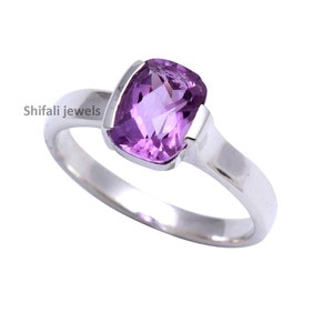 Amethyst Sterling Silver Ring: Cushion Cut February Birthstone