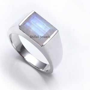 Rainbow Moonstone Signet Ring: Handmade 925 Sterling Silver Men&#39;s Jewelry