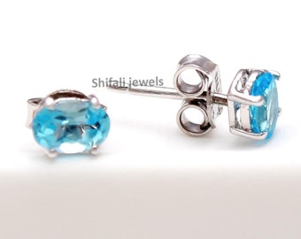 Natural Blue Topaz Earrings /Silver Earrings / Oval Blue Topaz Earrings / Stud  earring /Tiny Earrings / December Birthstone/Gift For Her.
