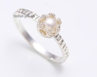 Dainty Fresh Water Pearl Ring: Silver June Birthstone