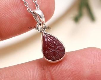 Handmade Carved Ruby Teardrop Sterling Silver Pendant