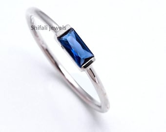 CZ Blue Sapphire Baguette Ring: Sterling Silver Stacking Band