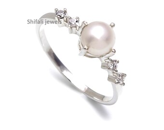 Freshwater Pearl Ring: 925 Sterling Silver Dainty Stacking Ring
