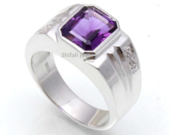 Octagon Cut Amethyst 925 Silver Ring For Men, Amethyst Men Ring For Dad Gift in Silver, Promise Ring, Amethyst Solitaire Ring For Husband .