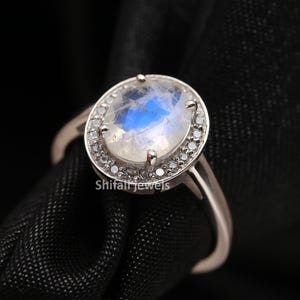 Rainbow Moonstone Sterling Silver Ring: Oval Gemstone Cluster