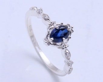 Vintage inspired Sapphire Blue CZ Ring In Sterling Silver, Unique Engagement Ring For Her, Antique Oval Shaped Bridal Ring, Handmade Ring.