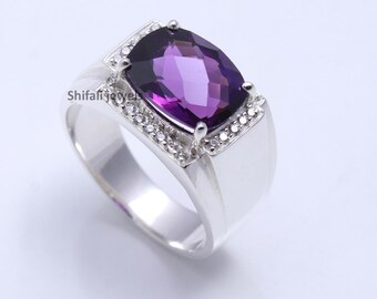 Natural Amethyst Sterling Silver Ring: Unisex Art Deco Style