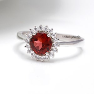 Garnet & CZ Cluster Ring: Sterling Silver Engagement Ring