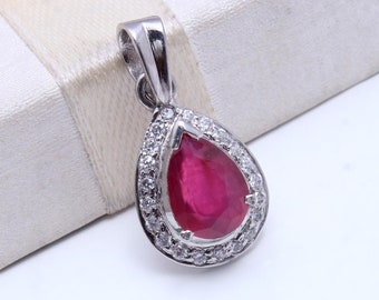 Ruby Pear Pendant: Sterling Silver Art Deco Necklace, July Birthstone