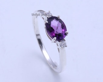 Amethyst Sterling Silver Ring: Oval Purple Stone, February Birthstone