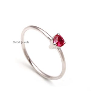 Natural Ruby Heart Ring, Sterling Silver Minimalist Ring