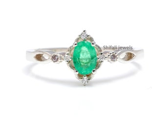 Anillo de compromiso de esmeralda natural para mujer, piedra natal de mayo, plata de ley, joyería hecha a mano.