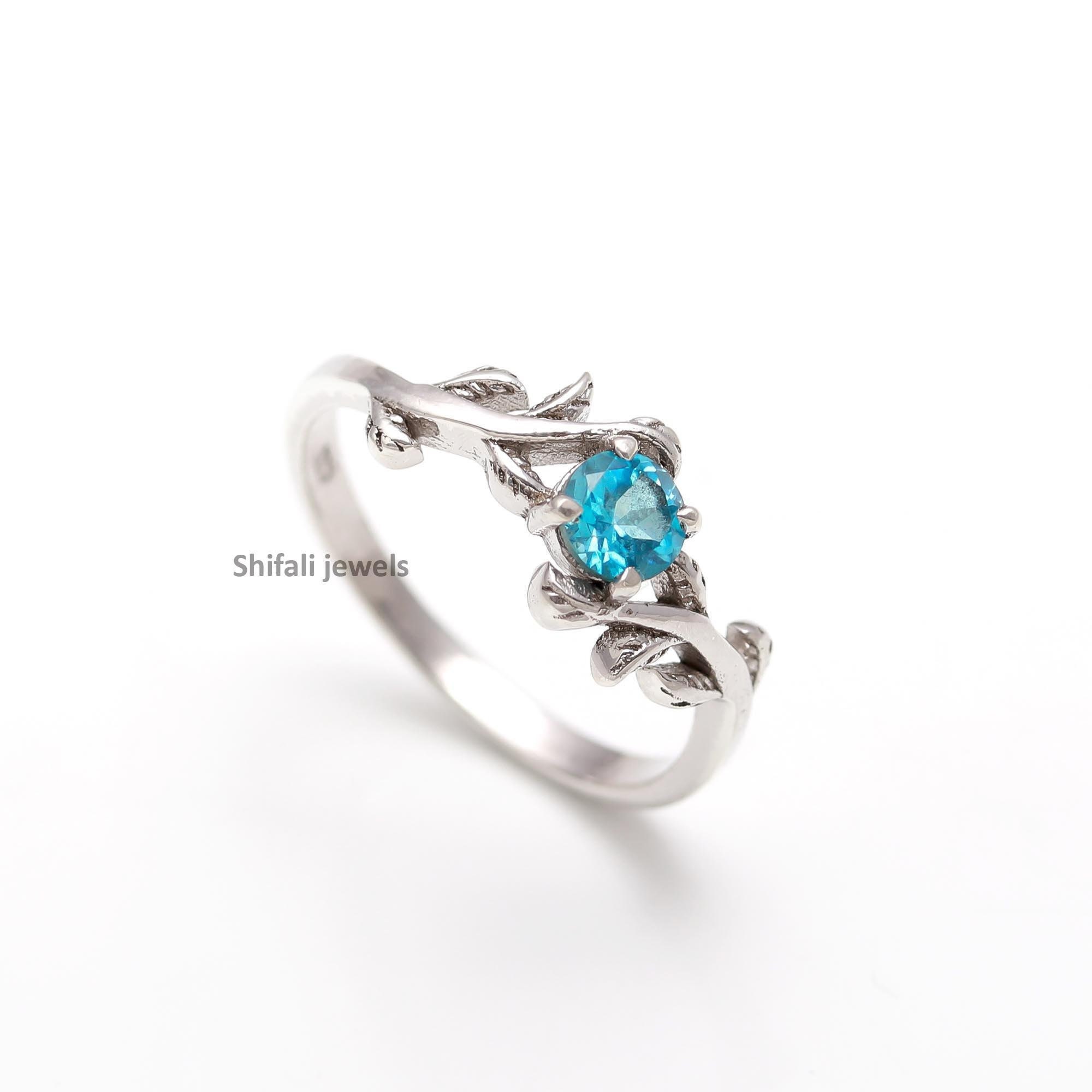 Blue Topaz Leaf Ring: Sterling Silver Dainty Band, December Birthstone
