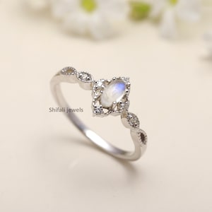 Natural Moonstone Ring For Women With Cabochon Stone 925 Sterling Silver , Rainbow Moonstone ,Handmade Ring, Elegant Engagement Ring