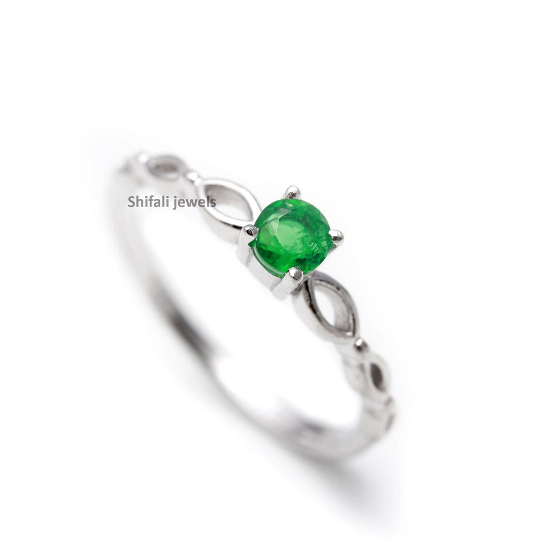 Vintage Sterling Silver Lab Emerald Ring, Unique Engagement Ring, Round