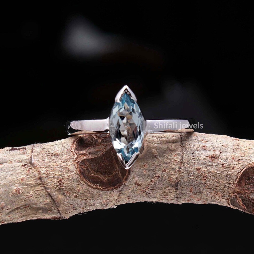 Bague Vintage Années 90 En Argent Sterling 925 Avec Aigue-marine Martelée - Taille 8.5